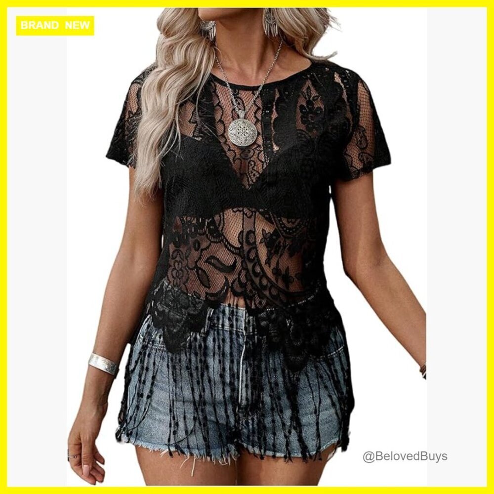 Sheer Fringe T-Shirt Floral Lace See Through Vintage Top Short Sleeve